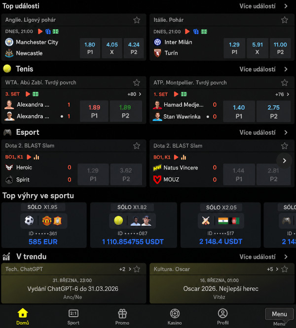 Mobilní aplikace Parimatch pro Android