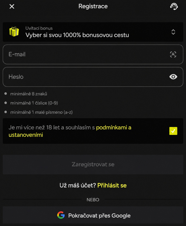 Registrace nového účtu na webu Parimatch