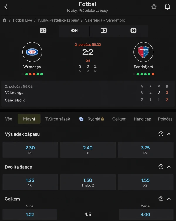 Sekce sportovního sázení na webu